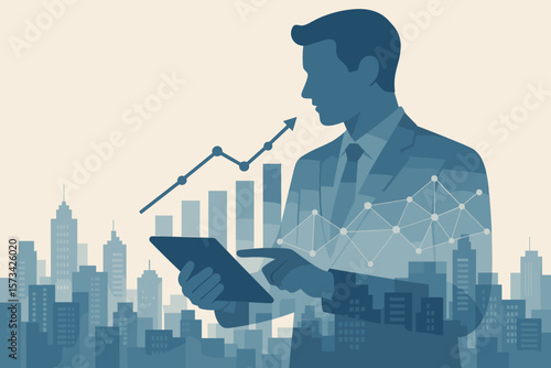 Businessman Analyzing Sales Data and Economic Growth with Digital Tablet, Double Exposure City Skyline, Graph Chart, Network Connection, Modern Flat Vector Illustration