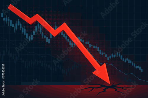 Financial Crisis Concept, Stock Market Crash, Economic Recession, Falling Red Arrow, Volatility Chart, Bear Market, Downtrend, Global Economy Collapse, Business Loss, Market Panic