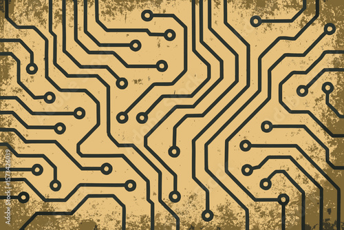 Grunge Circuit Board Background. Vintage Electronic Circuit Pattern. Abstract Technology Network. Retro Tech Texture. Microchip Pathway Lines. Computer Hardware Design. Digital Connectivity Concept.