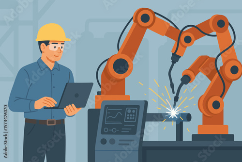 Industrial Engineer Supervising Robotic Welding Automation, Programming Robotic Arms, Factory Automation, Industrial Robot Welding, Modern Vector Illustration