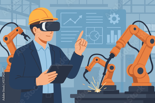 Industrial Engineer Manager Using Virtual Reality for Automation Control, Supervising Welding Robot Arms, Smart Factory, Advanced Manufacturing Technology, Industry 4.0 Concept