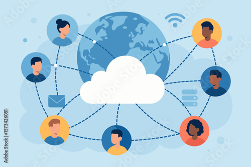 Global communication network structure, cloud computing, social media, worldwide business data connection, internet technology, customer network, modern flat vector illustration