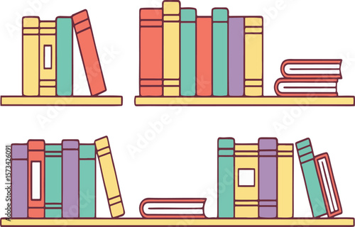 Colorful bookshelves with books in different arrangements on a white background illustration