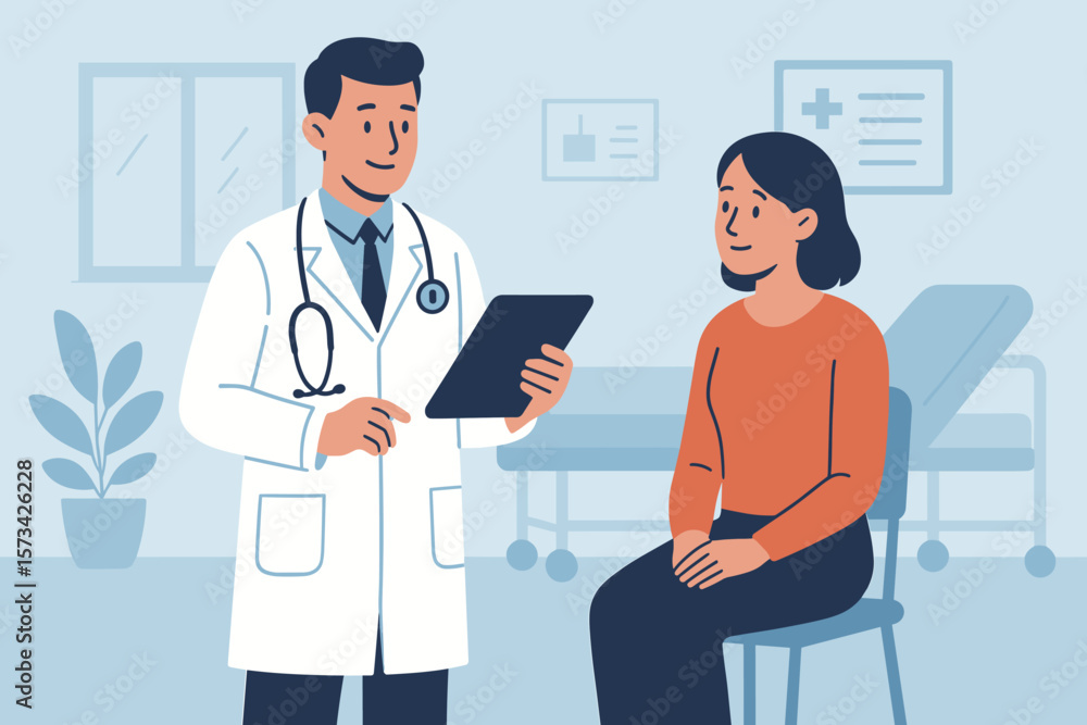 Fototapeta premium Doctor Consultation in Hospital Office. Medical Checkup, Patient Waiting for Examination, Healthcare Professional with Stethoscope and Tablet, Modern Flat Vector Illustration, Clinical Visit Concept