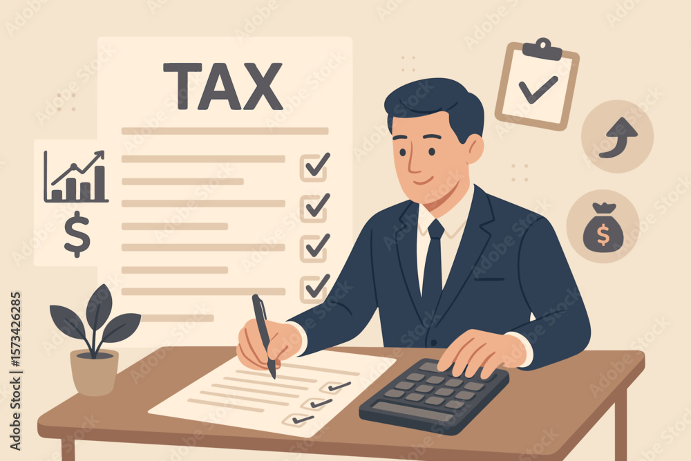 Businessman Filing Income Tax Form, Calculating Revenue, Completing Tax Checklist, Expert Accountant Ensuring Deductions, Refunds, Payments, Financial Compliance Concept Businessman Filing Income Tax Form, Calculating Revenue, Completing Tax Checklist, Expert Accountant Ensuring Deductions, Refunds, Payments, Financial Compliance Concept