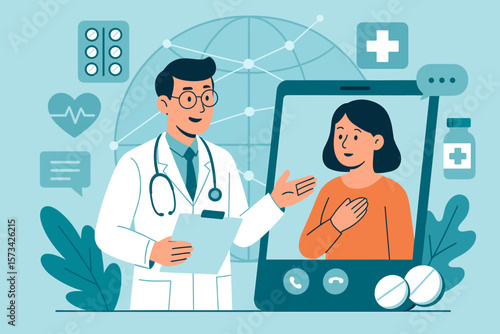 Telemedicine consultation concept. Online doctor patient communication. Virtual healthcare, remote medical advice, digital hospital, global network, e-health, telehealth services.
