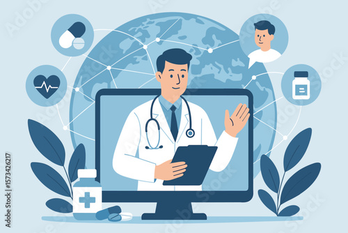Telemedicine global healthcare network. Online medical consultation, virtual hospital, doctor patient communication, digital health, remote diagnosis, e-medicine, telehealth services