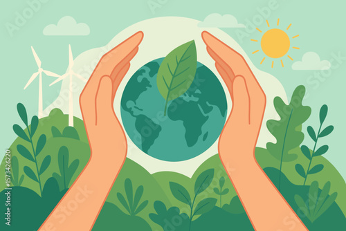 Eco-Friendly Energy, Sustainability, and Environmental Protection Concept. Hands Shielding Earth Globe with Leaf, Renewable Energy, Green Business Responsibility, Nature Conservation, Clean Future