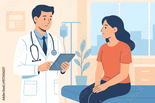 Medical Consultation in Modern Hospital Clinic, Doctor with Stethoscope and Tablet, Patient Awaiting Examination, Healthcare Visit, Professional Diagnosis, Flat Vector Illustration