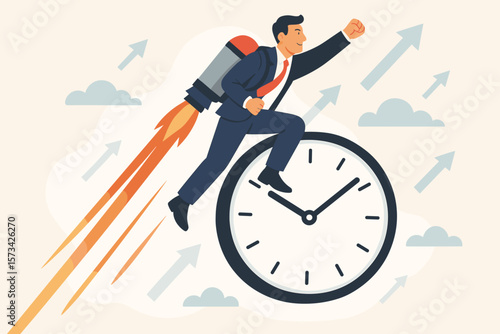 Businessman with jetpack riding flying clock, symbolizing productivity boost, time management, efficiency, deadline success, performance improvement, rapid business growth concept
