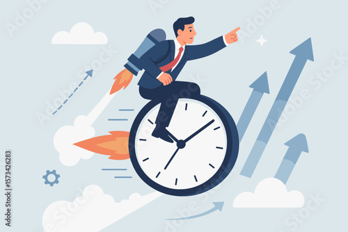 Businessman with jetpack riding flying clock, symbolizing productivity boost, time management, efficiency, deadline success, performance improvement, career growth, business progress