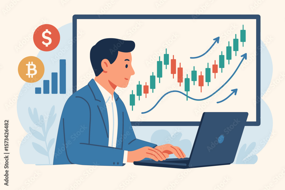 Businessman Analyzing Stock Market and Cryptocurrency Trends, Technical Analysis, Investment Strategy, Financial Chart, Trading Candlesticks, Currency Exchange, Digital Assets Businessman Analyzing Stock Market and Cryptocurrency Trends, Technical Analysis, Investment Strategy, Financial Chart, Trading Candlesticks, Currency Exchange, Digital Assets