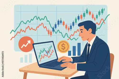 Businessman Analyzing Stock Market and Cryptocurrency Investment, Technical Analysis with Financial Charts, Candlestick Graphs, Currency Exchange, Trading Strategy Concept