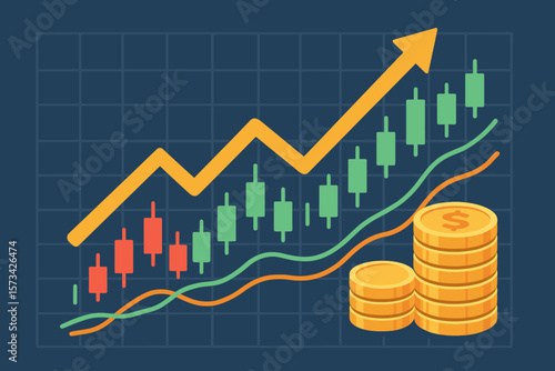 Financial Growth Stock Market Chart, Rising Investment Candlestick Graph, Upward Trend Arrow, Gold Coin Stack, Wealth, Trading, Finance, Economic Success, Modern Vector Illustration