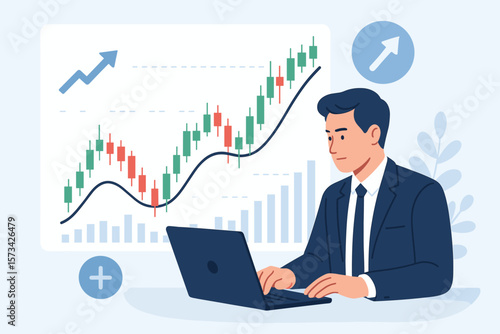 Businessman Analyzing Stock Market Trading, Cryptocurrency Investment, Technical Analysis, Financial Graphs, Candlestick Chart, Currency Exchange, Data Analytics, Economic Growth