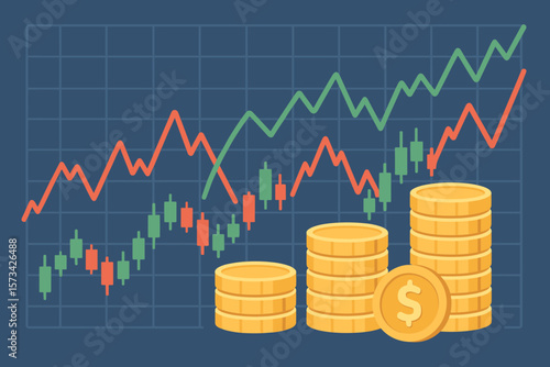 Financial Growth Investment Concept. Stock Market Chart, Rising Candlestick Graph, Gold Coins Stack, Currency Profit, Trading Analytics, Wealth Management, Economic Success, Flat Vector Illustration