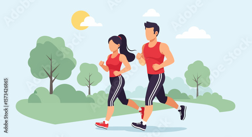 Adobe Illustrator artwork flat style illustration of a couple running together on a scenic park path, surrounded by lush trees and a clear sky, promoting health and wellness