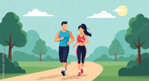 Adobe Illustrator artwork flat style illustration of a couple running together on a scenic park path, surrounded by lush trees and a clear sky, promoting health and wellness