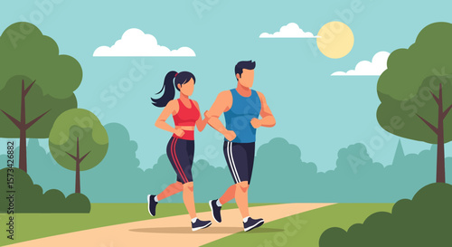 Adobe Illustrator artwork flat style illustration of a couple running together on a scenic park path, surrounded by lush trees and a clear sky, promoting health and wellness