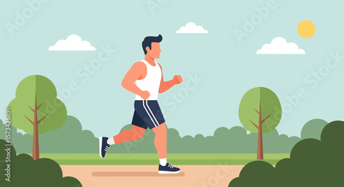 Adobe Illustrator artwork flat style illustration of a man running through a lush park with trees under a sunny, partly cloudy sky, promoting outdoor fitness