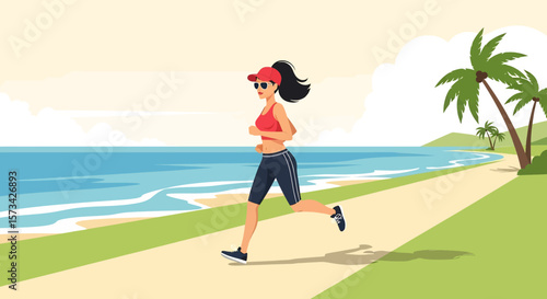 Adobe Illustrator artwork flat style illustration of a woman running along a scenic beach path with palm trees and ocean waves, ideal for active lifestyle themes