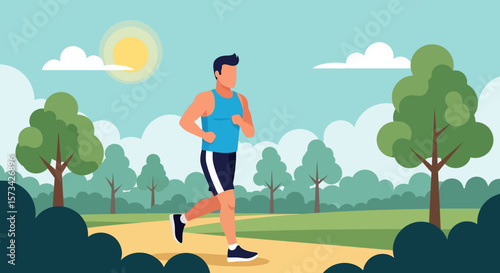 Adobe Illustrator artwork flat style illustration of a man running through a lush park with trees under a sunny, partly cloudy sky, promoting outdoor fitness