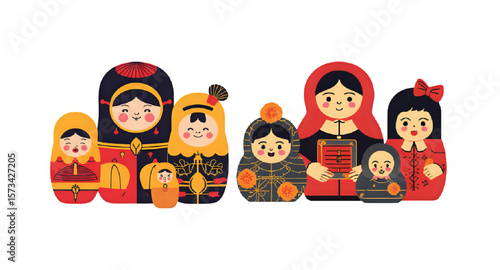 Delightful matryoshka nesting dolls artfully arranged, perfect for adding a touch of Russian folk art to your designs, suitable for children's books or cultural projects creating a whimsical feel.