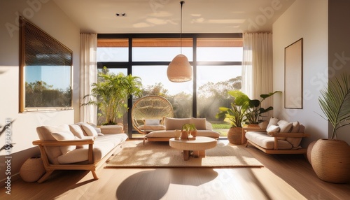 modern living space with cozy seating and minimalist decor on a sunny day