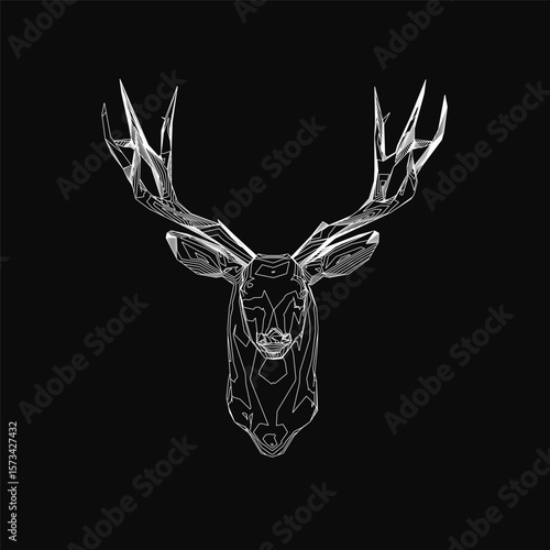 White deer head with prominent antlers stands out against a black background, creating a striking contrast. The contour of the deer is sharply defined, emphasizing its elegant silhouette.