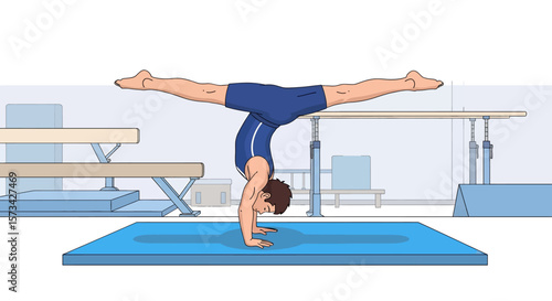 
Adobe Illustrator artwork flat style illustration of a male gymnast performing a handstand on a mat in a gym, demonstrating impressive strength and balance