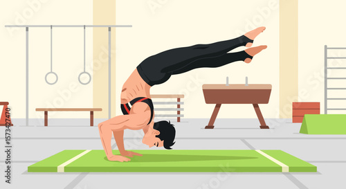 
Adobe Illustrator artwork flat style illustration of a male gymnast performing a handstand on a mat in a gym, demonstrating impressive strength and balance