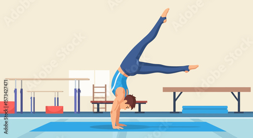 
Adobe Illustrator artwork flat style illustration of a male gymnast performing a handstand on a mat in a gym, demonstrating impressive strength and balance
