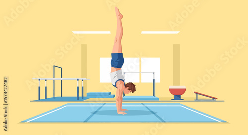 
Adobe Illustrator artwork flat style illustration of a male gymnast performing a handstand on a mat in a gym, demonstrating impressive strength and balance