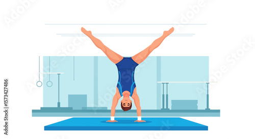 
Adobe Illustrator artwork flat style illustration of a male gymnast performing a handstand on a mat in a gym, demonstrating impressive strength and balance