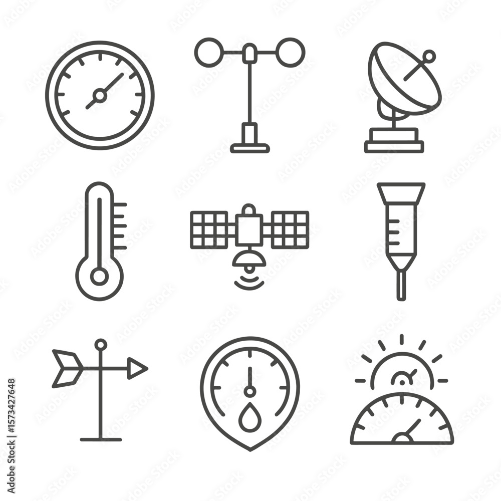 Fototapeta premium Weather Instrument Icons. Outline style icons of Weather Instruments: barometer icon, anemometer outline, weather radar,