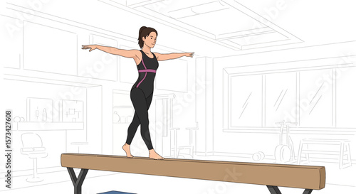 Adobe Illustrator artwork flat style illustration of a poised female gymnast balancing on a beam in a gym, demonstrating focus and exceptional balance
