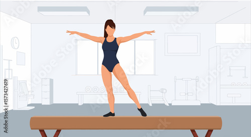 Adobe Illustrator artwork flat style illustration of a poised female gymnast balancing on a beam in a gym, demonstrating focus and exceptional balance