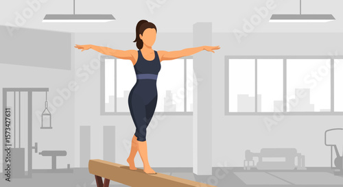 Adobe Illustrator artwork flat style illustration of a poised female gymnast balancing on a beam in a gym, demonstrating focus and exceptional balance