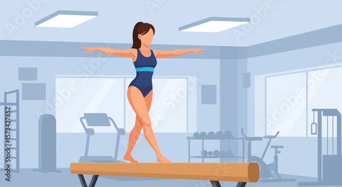Adobe Illustrator artwork flat style illustration of a poised female gymnast balancing on a beam in a gym, demonstrating focus and exceptional balance