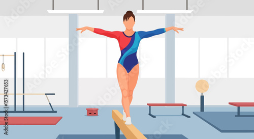 Adobe Illustrator artwork flat style illustration of a poised female gymnast balancing on a beam in a gym, demonstrating focus and exceptional balance