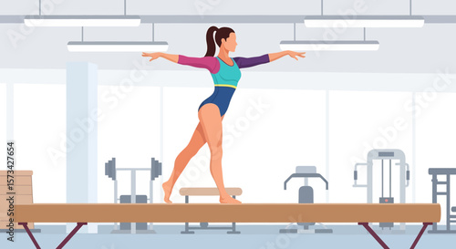 Adobe Illustrator artwork flat style illustration of a poised female gymnast balancing on a beam in a gym, demonstrating focus and exceptional balance
