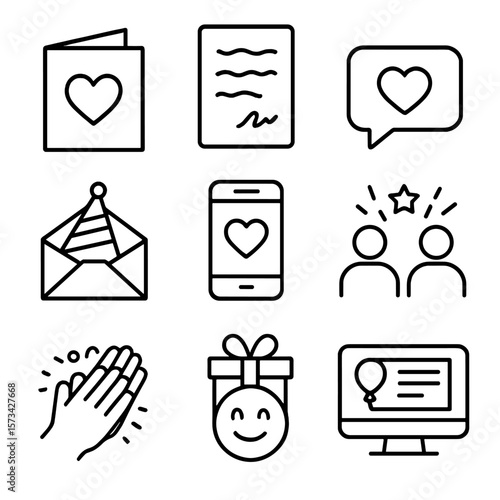 Outline Celebration Icons. Outline style icons of Greeting and Wishes: greeting card, handwritten note, speech bubble with heart,