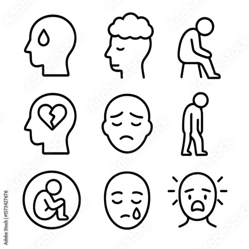Depression Awareness Icons. Outline style icons of Depression Awareness: teardrop from head, grey cloud over mind, lonely figure,