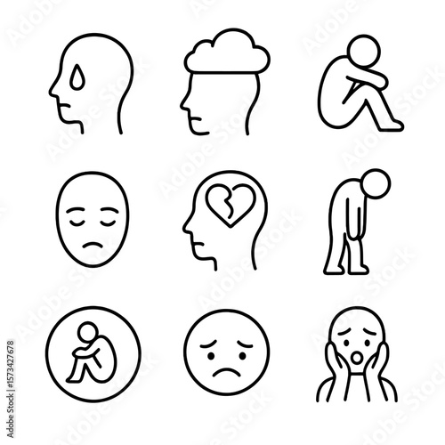 Depression Awareness Icons. Outline style icons of Depression Awareness: teardrop from head, grey cloud over mind, lonely figure,