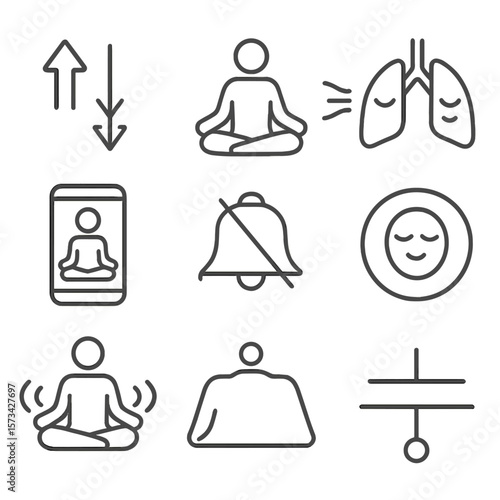 Meditation Icons Outline. Outline style icons of Meditation and Breathing: inhale-exhale arrows, seated figure, breath circle,