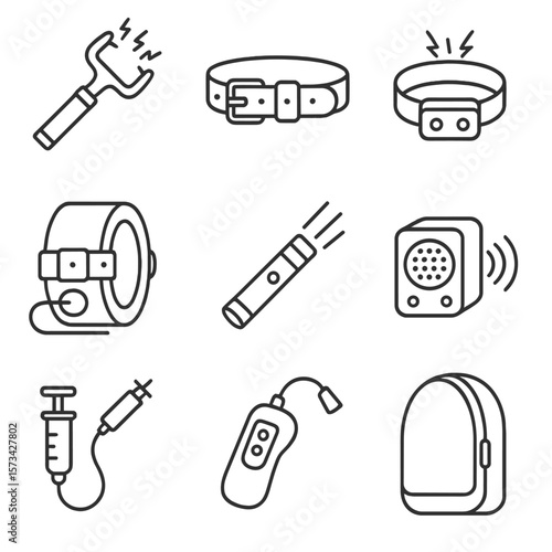 Modern Torment Icons. Outline style icons of torment implements modern: electric prod, restraint belt, shock collar, pressure cuff