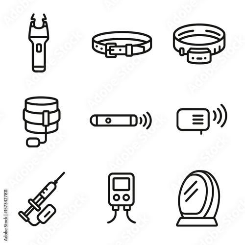 Modern Torment Icons. Outline style icons of torment implements modern: electric prod, restraint belt, shock collar, pressure cuff