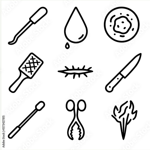 Torment Implement Icons. Outline style icons of torment implements injury: wound probe, blood drip, bruise marker, scar tool, cut