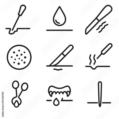 Torment Implement Icons. Outline style icons of torment implements injury: wound probe, blood drip, bruise marker, scar tool, cut