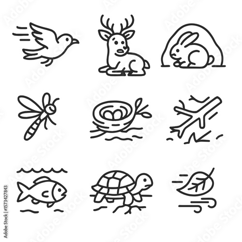 Tornado Impact on Wildlife. Outline style icons of tornado wildlife: fleeing bird, scared deer, hiding rabbit, flying insect,